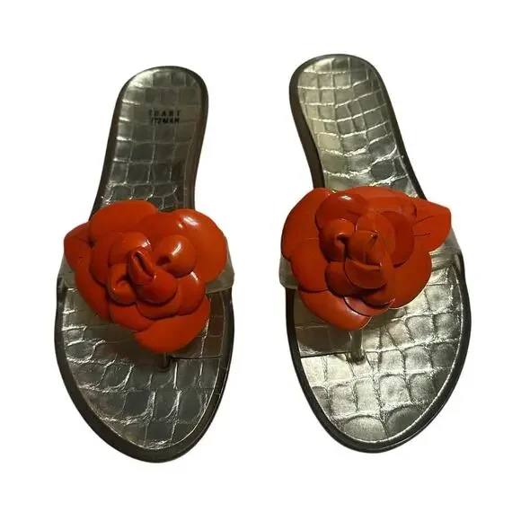 Stuart Weitzman Jelly Thong Flip Flop Size 9 Patent Leather Floral Flower Sandal - Picture 1 of 6